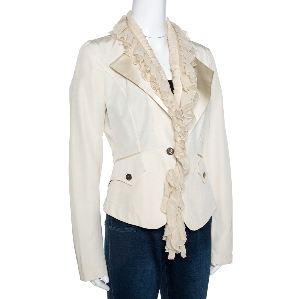 Roberto Cavalli Cream Cotton Blend Ruffle Detail Jacket M