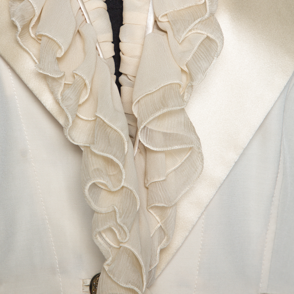 Roberto Cavalli Cream Cotton Blend Ruffle Detail Jacket M