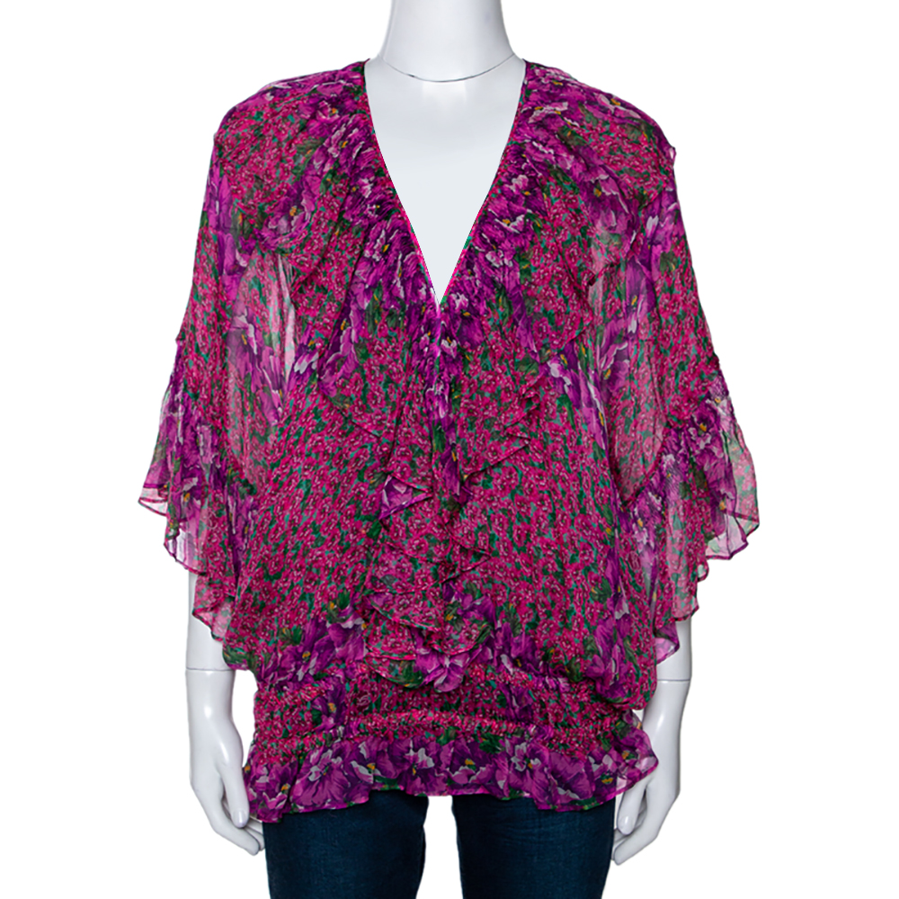 Roberto Cavalli Pink Floral Print Silk Ruffled Sheer Blouse M