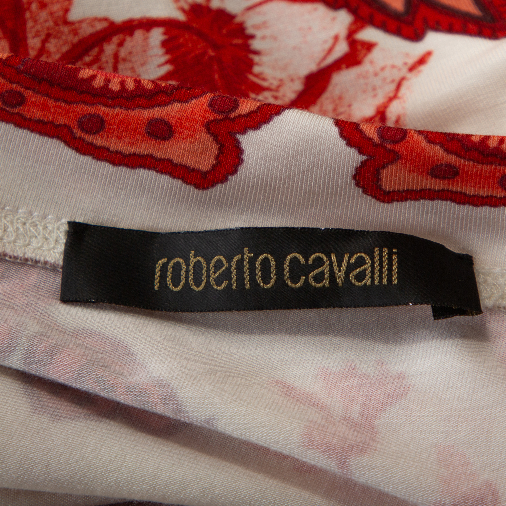 Roberto Cavalli White And Red Floral Print Off Shoulder Top L