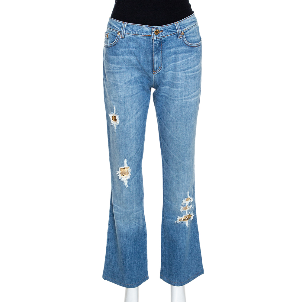 

Roberto Cavalli Blue Distressed Denim Embellished Patch Jeans