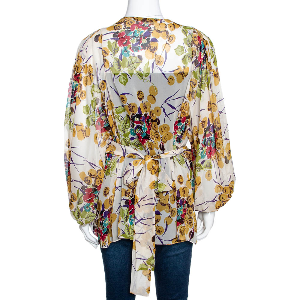 Roberto Cavalli Multicolor Silk Georgette Floral Print Faux Wrap Blouse M