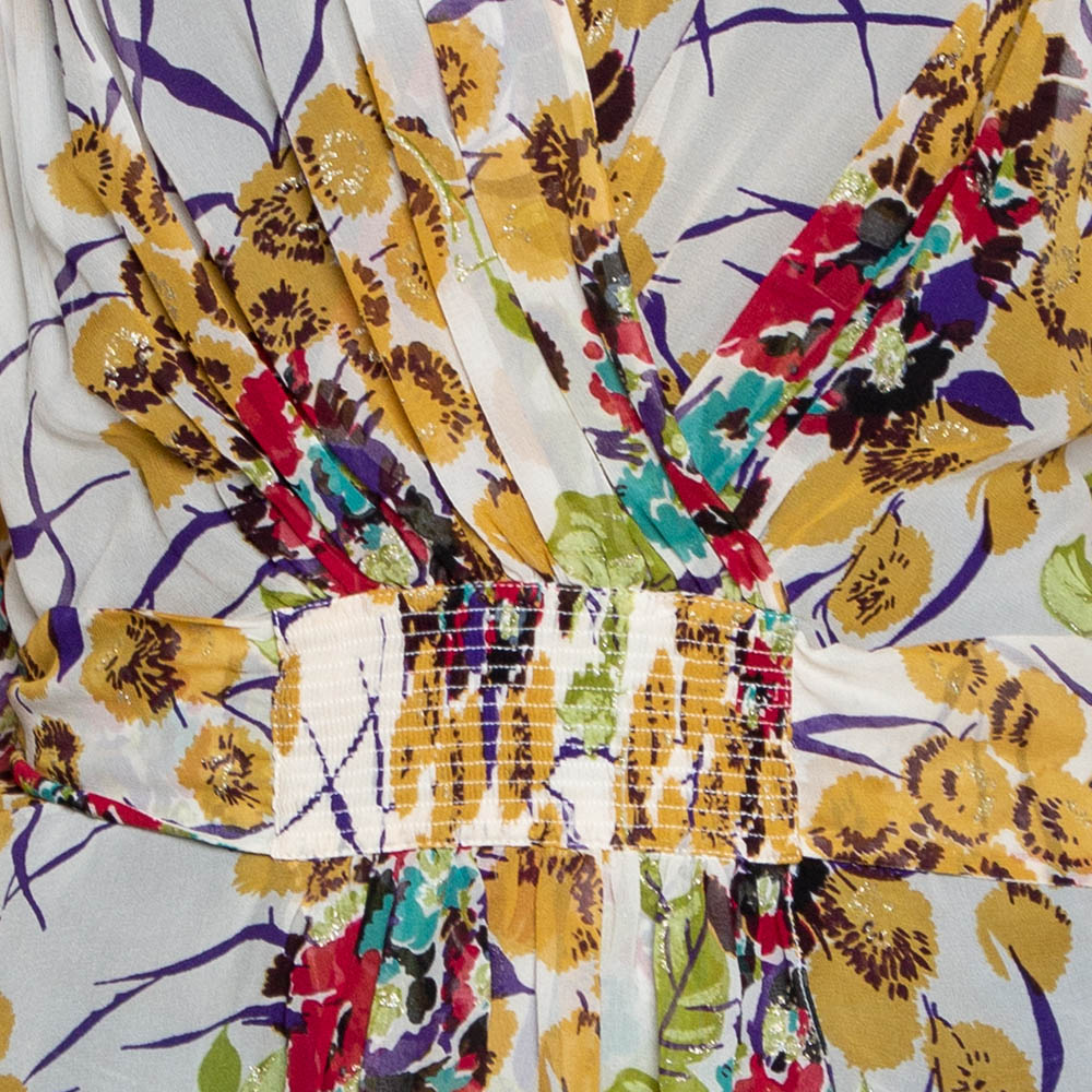 Roberto Cavalli Multicolor Silk Georgette Floral Print Faux Wrap Blouse M