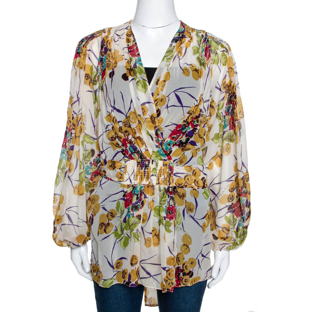 Roberto cavalli multicolor silk georgette floral print faux wrap blouse m