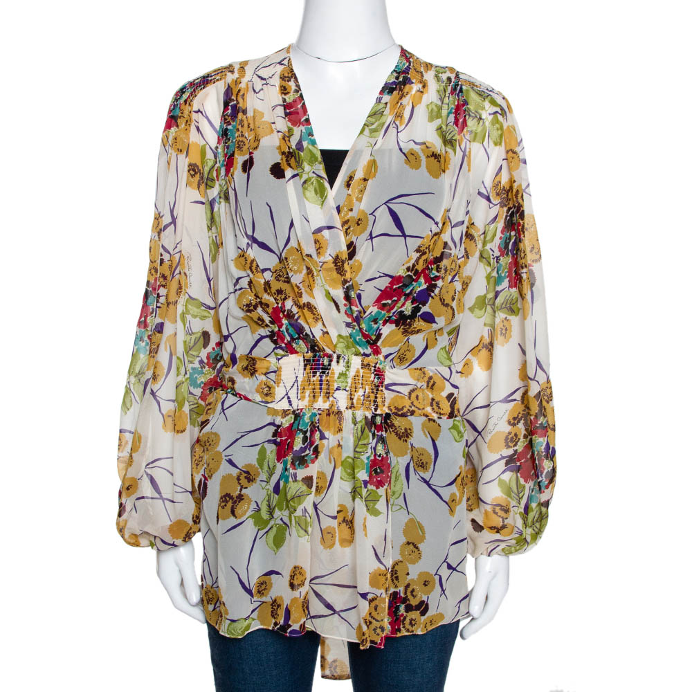 Roberto Cavalli Multicolor Silk Georgette Floral Print Faux Wrap Blouse M