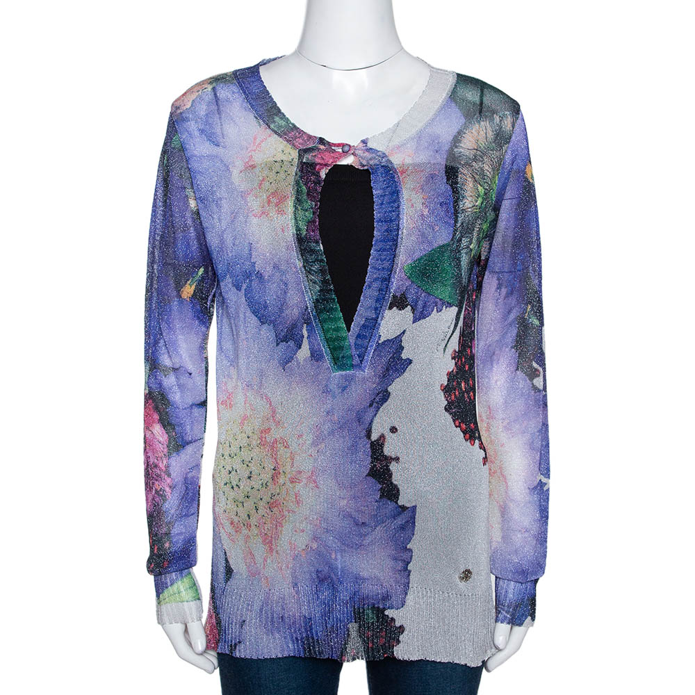 Image of Roberto Cavalli Blue Printed Lurex Knit Sheer Top M