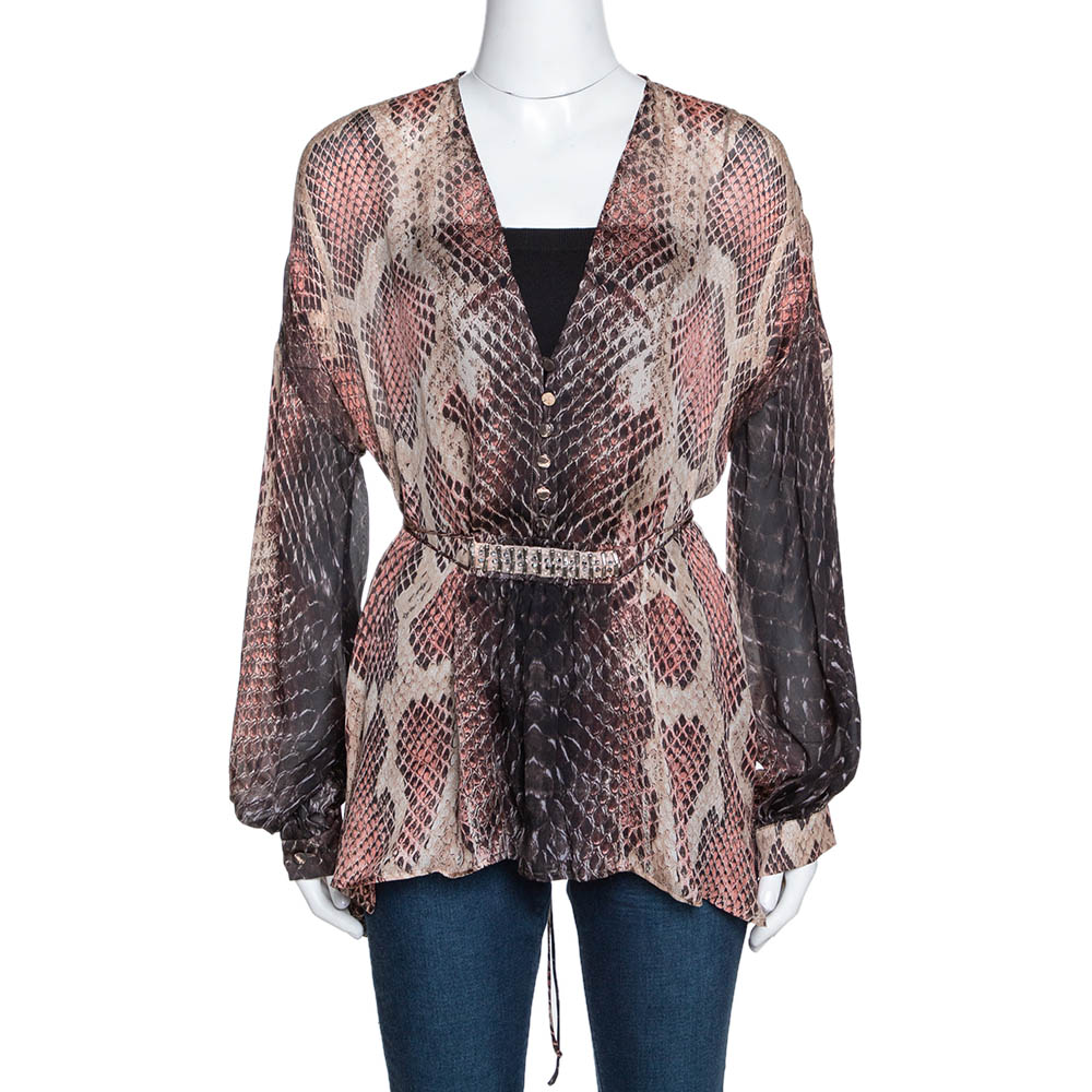 Roberto cavalli multicolor animal print silk embellished sheer blouse s