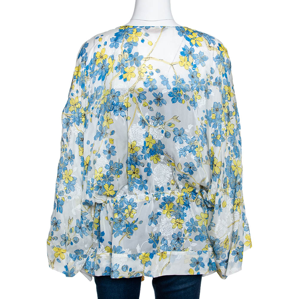Roberto Cavalli Blue & White Floral Print Silk Sheer Kaftan Top M
