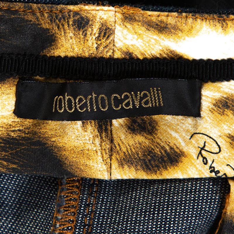 Roberto Cavalli Indigo Stretch Cotton Leopard Print Trim Pants L