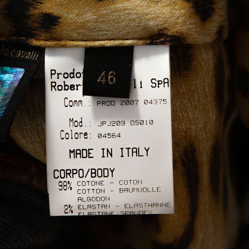 Roberto Cavalli Indigo Stretch Cotton Leopard Print Trim Pants L