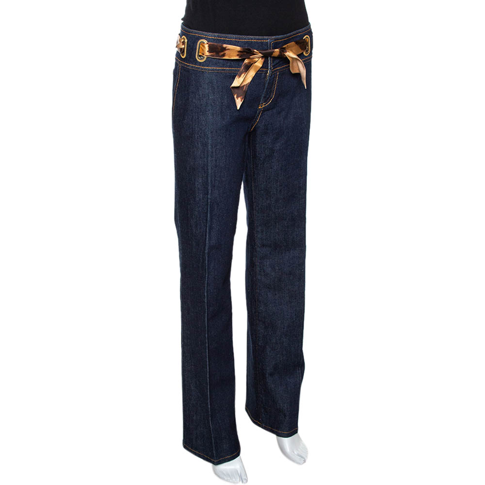 

Roberto Cavalli Indigo Denim & Silk Waist Trim Straight Leg Jeans, Navy blue