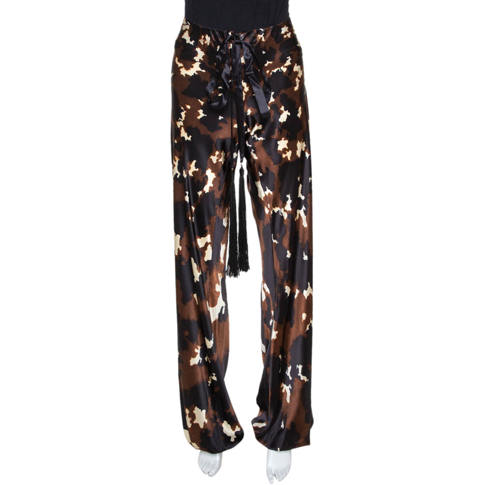 Image of Roberto Cavalli Brown Printed Silk Satin Wide Leg Pants M