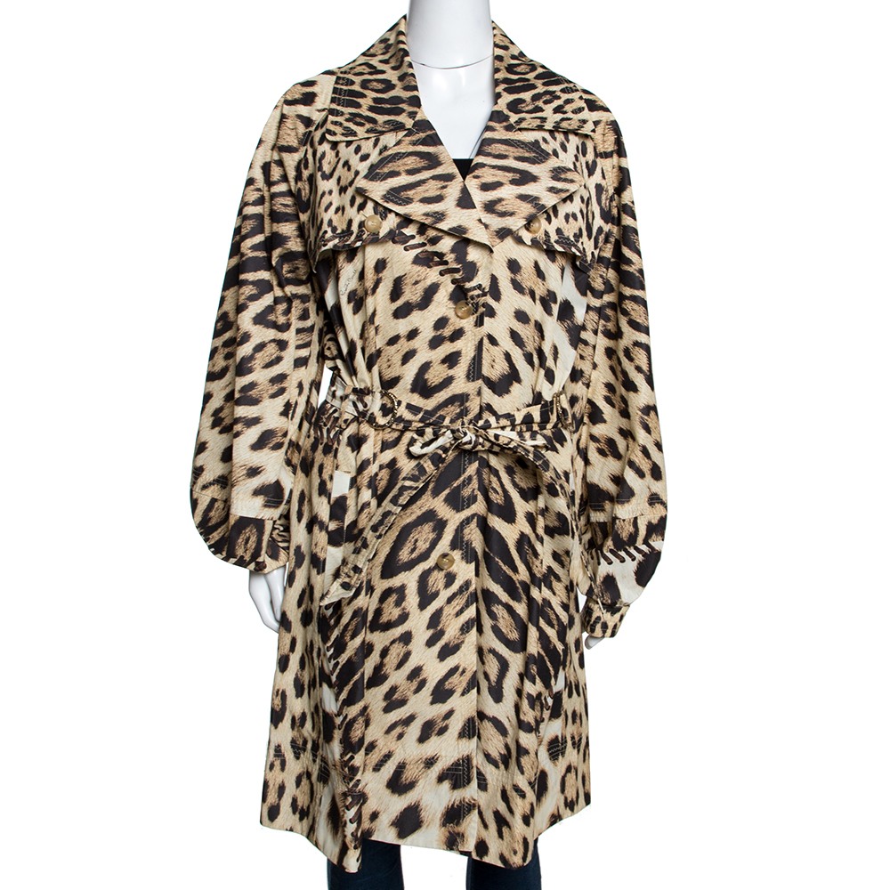 Image of Roberto Cavalli Beige Leopard Printed Cotton Blend Belted Trench Coat M