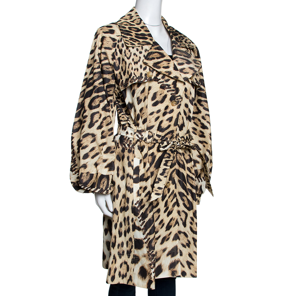 

Roberto Cavalli Beige Leopard Printed Cotton Blend Belted Trench Coat