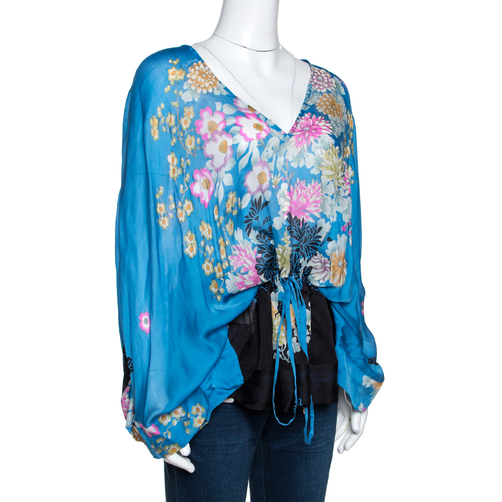 

Roberto Cavalli Blue Floral Print Silk Sheer Kaftan Top