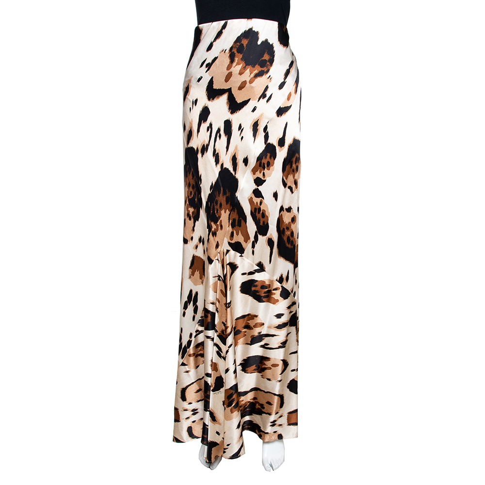 Image of Roberto Cavalli Beige Printed Silk Satin Flared Maxi Skirt L