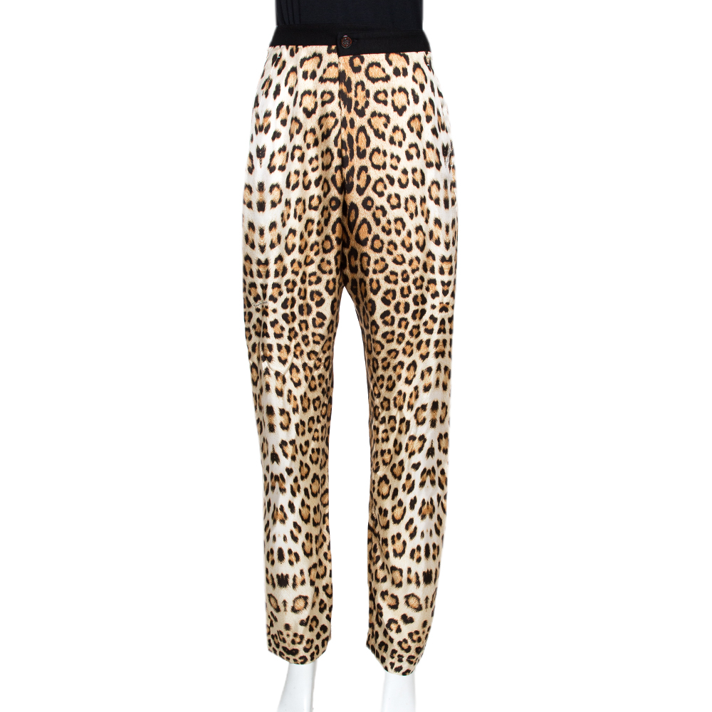 Image of Roberto Cavalli Beige Leopard Print Silk Gathered Waist Pants L