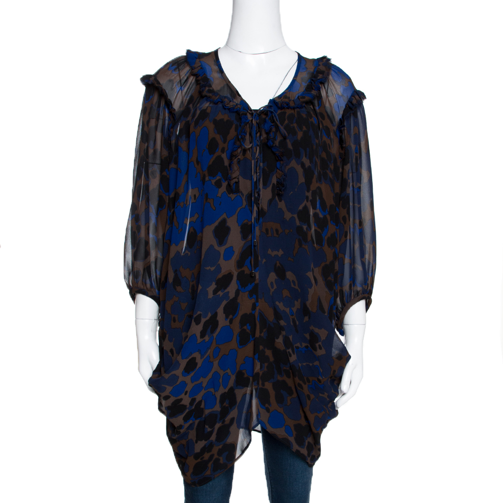 Image of Roberto Cavalli Bicolor Leopard Printed Crepe Raw Edge Ruffled Trim Blouse L