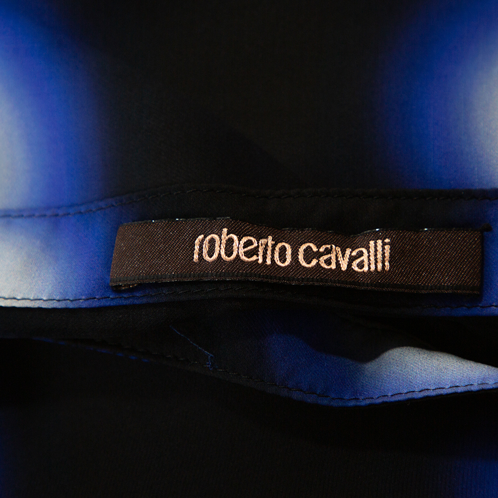 Roberto Cavalli Blue & Black Printed Silk Sheer Blouse S
