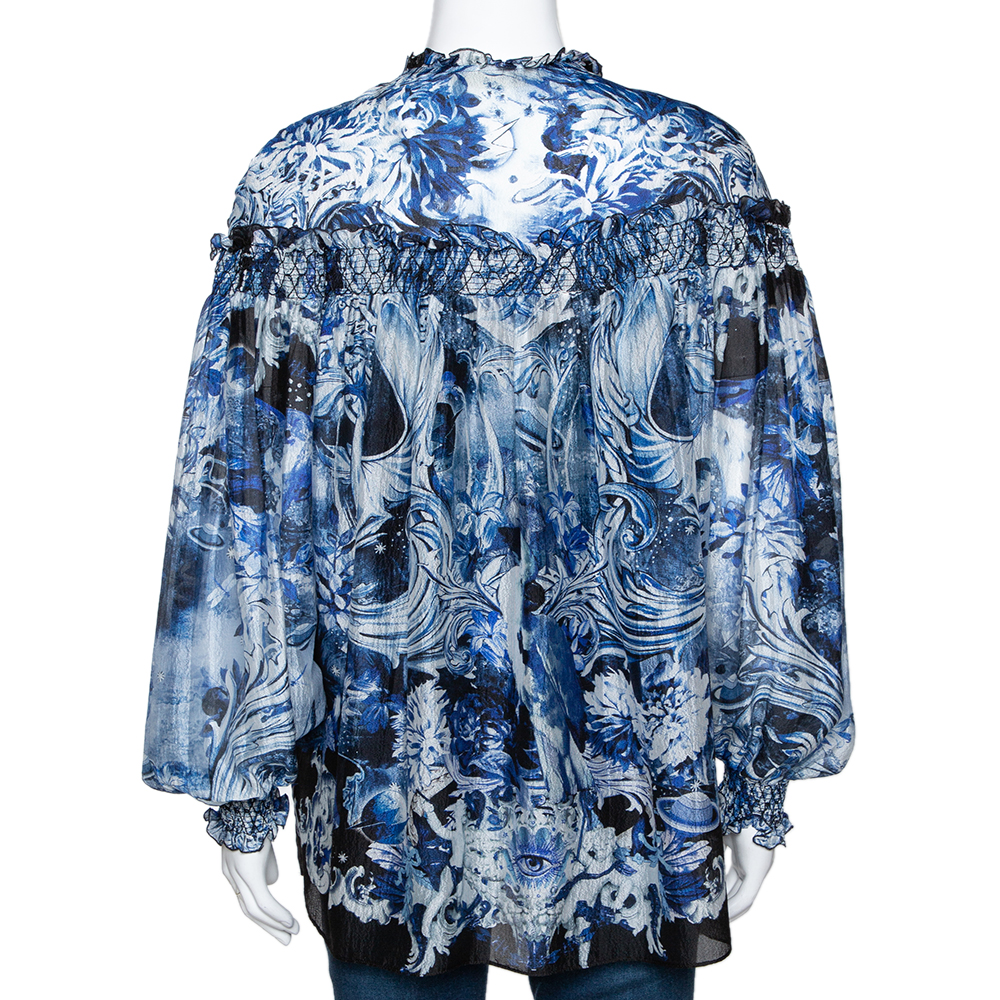Roberto Cavalli Blue Printed Silk Ruffled Blouse S