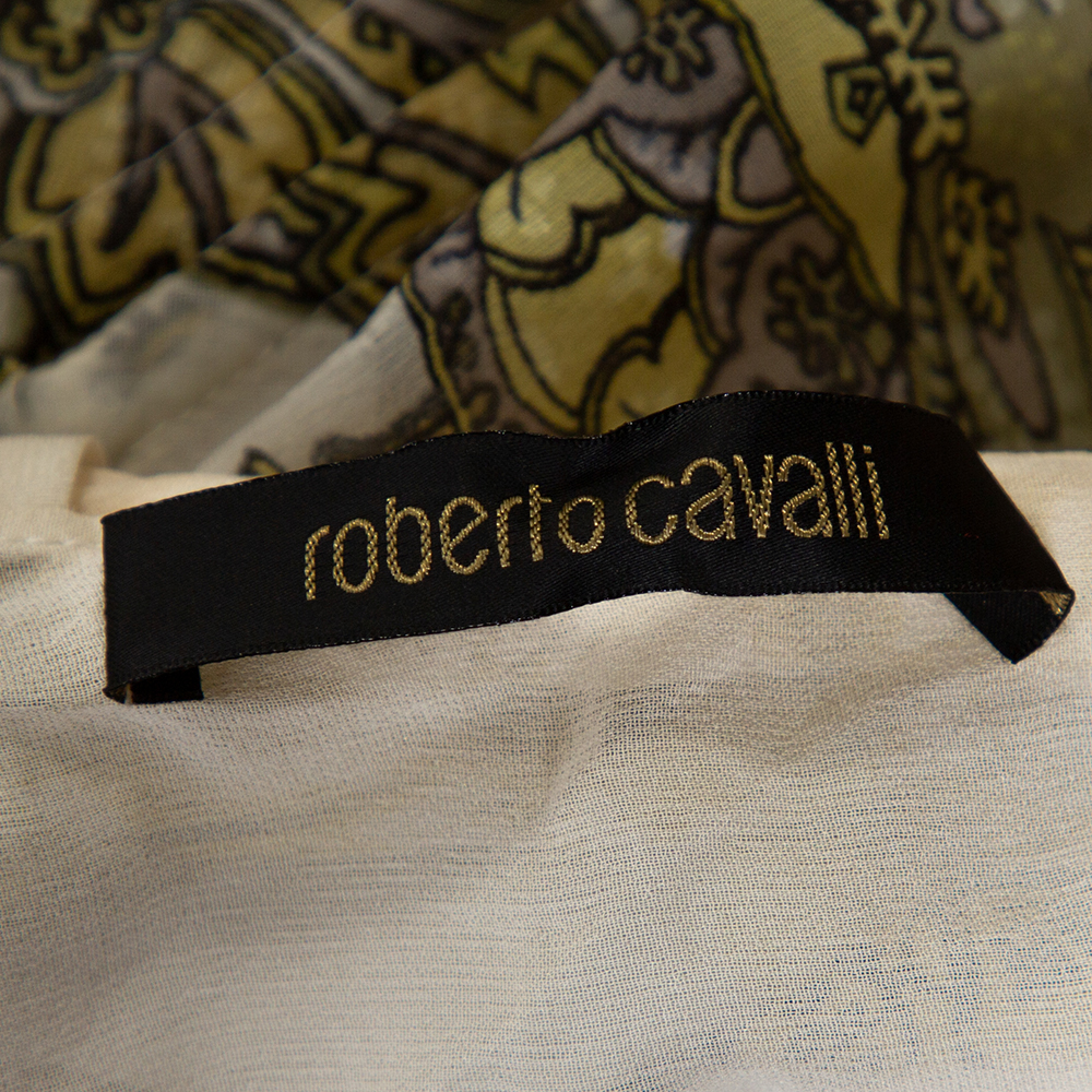 Roberto Cavalli Cream Printed Silk Sheer Halter Top S