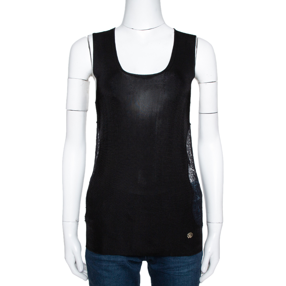 Image of Roberto Cavalli Black Stretch Knit Lace Detailed Tank Top L
