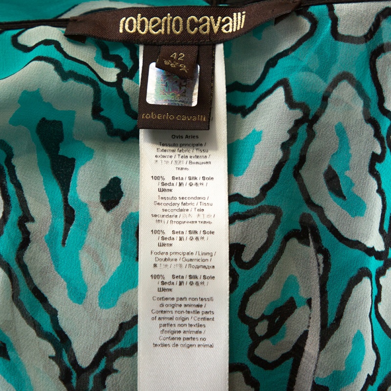 Roberto Cavalli Turquoise Blue Printed Silk Leather Trim Kaftan Top M