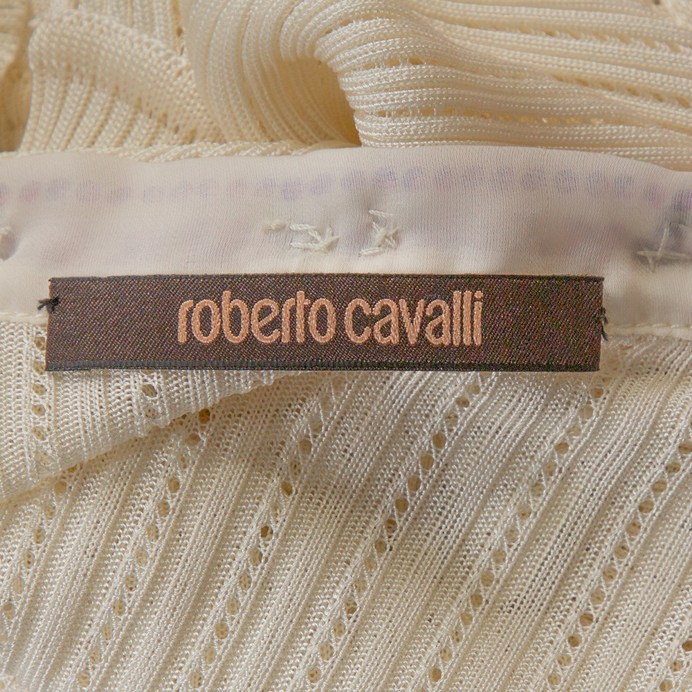 Roberto Cavalli White Floral Print Silk & Knit Embellished Ruffled Top M