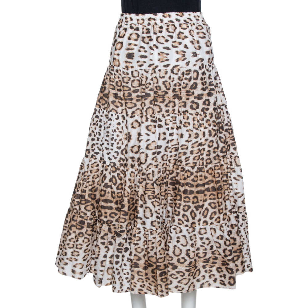 Image of Roberto Cavalli Bicolor Leopard Print Cotton Tiered Midi Skirt M