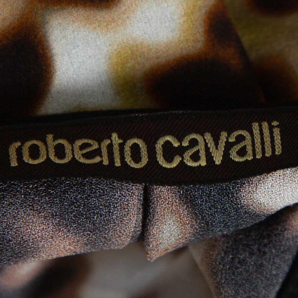 Roberto Cavalli Brown Printed Silk Crepe Tie Front Blouse L