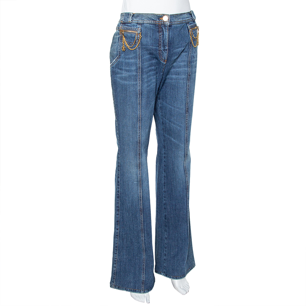 

Roberto Cavalli Indigo Distressed Denim Chain Detail Flared Jeans, Blue