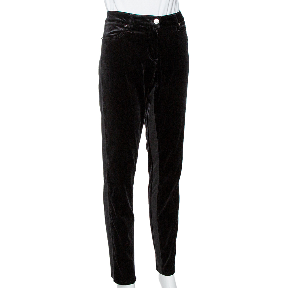 Roberto Cavalli Black Velvet Knit Paneled Tapered Trousers L