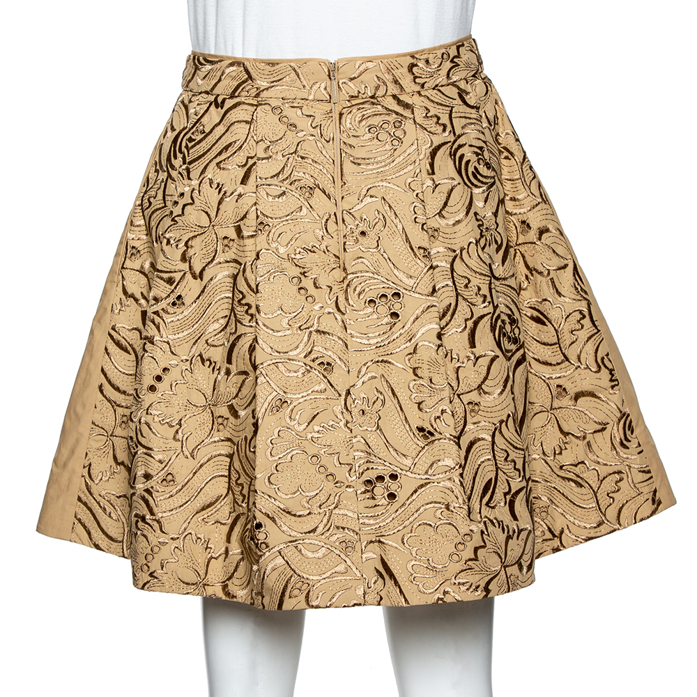 Roberto Cavalli Beige Embroidered Cotton Pleated Mini Skirt S