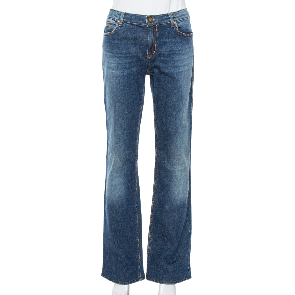 Image of Roberto Cavalli Blue Denim Flock Pocket Straight Leg Jeans L