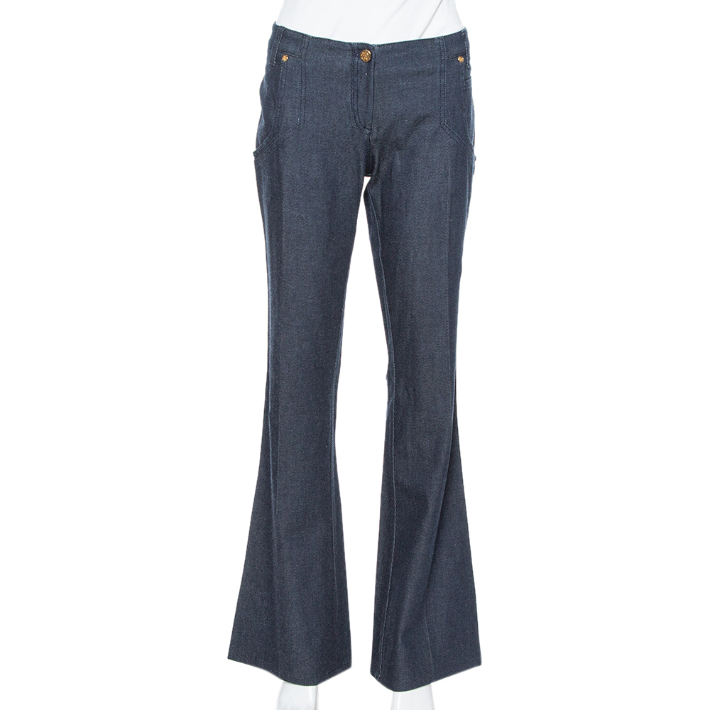 Image of Roberto Cavalli Dark Blue Stretch Denim Flared Pants L