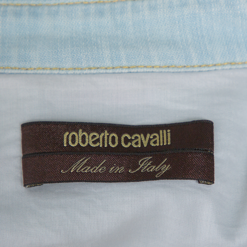Roberto Cavalli Light Blue Distressed Denim Patch Detail Shirt S