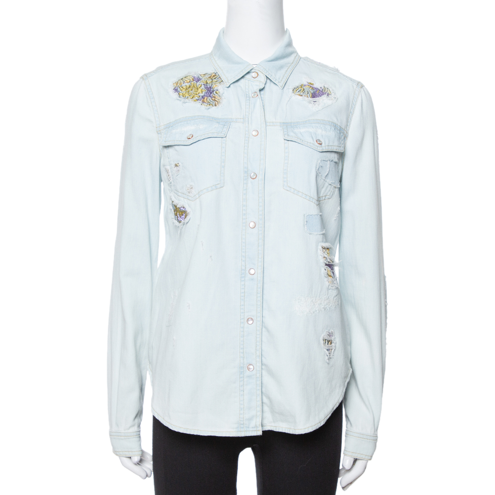 

Roberto Cavalli Light Blue Distressed Denim Patch Detail Shirt