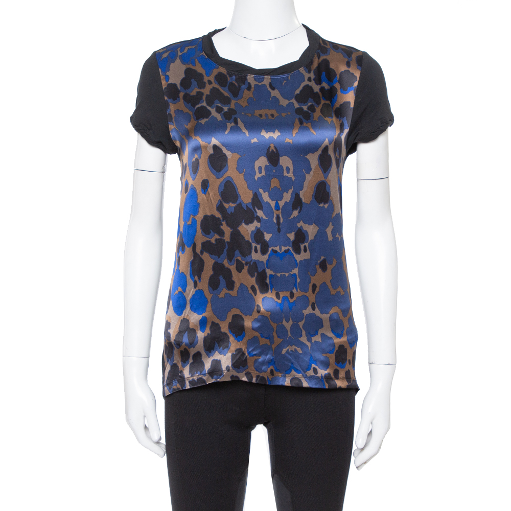 Image of Roberto Cavalli Black Abstract Print Silk & Cotton Top S