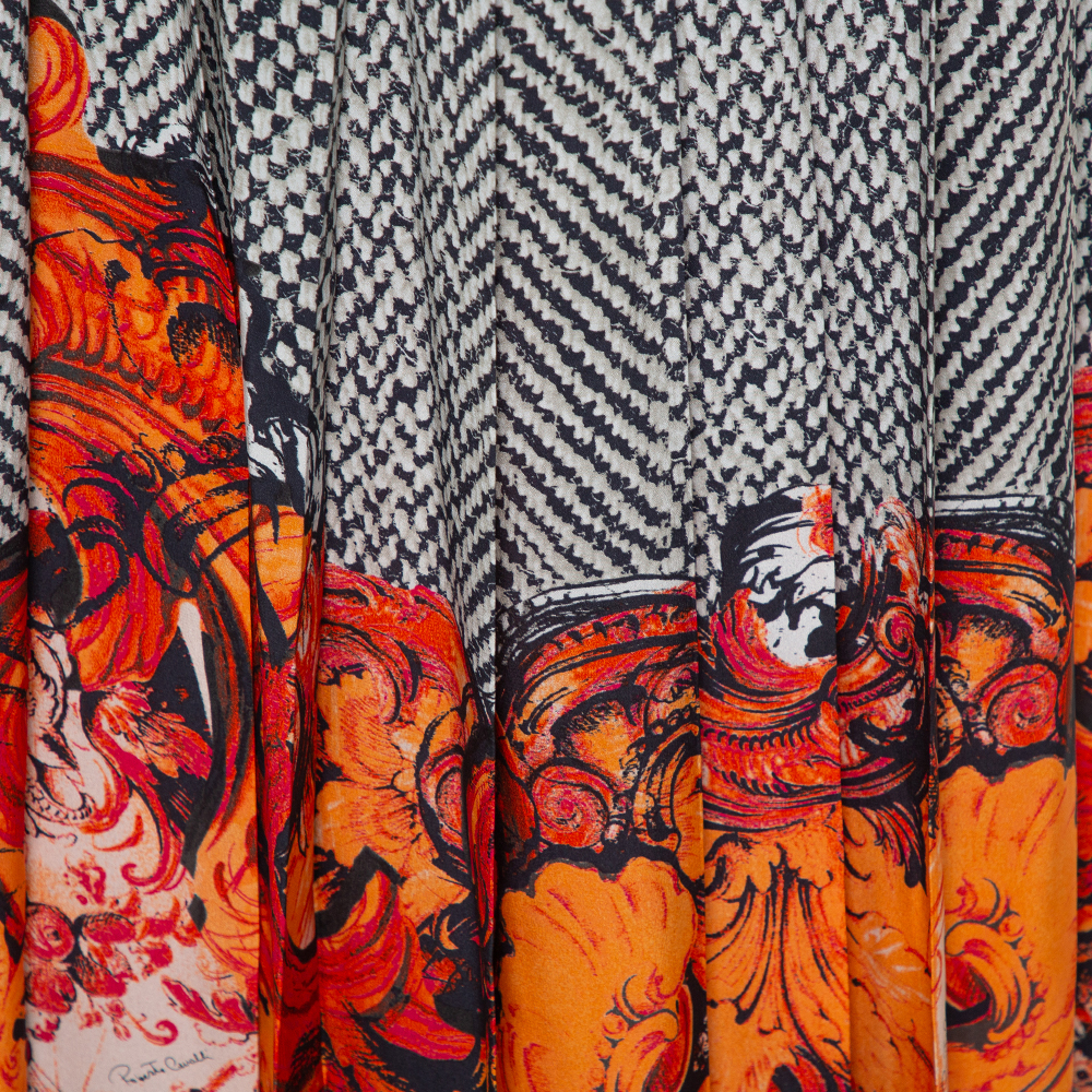 Roberto Cavalli Black & Orange Abstract Printed Silk Pleated Maxi Skirt S