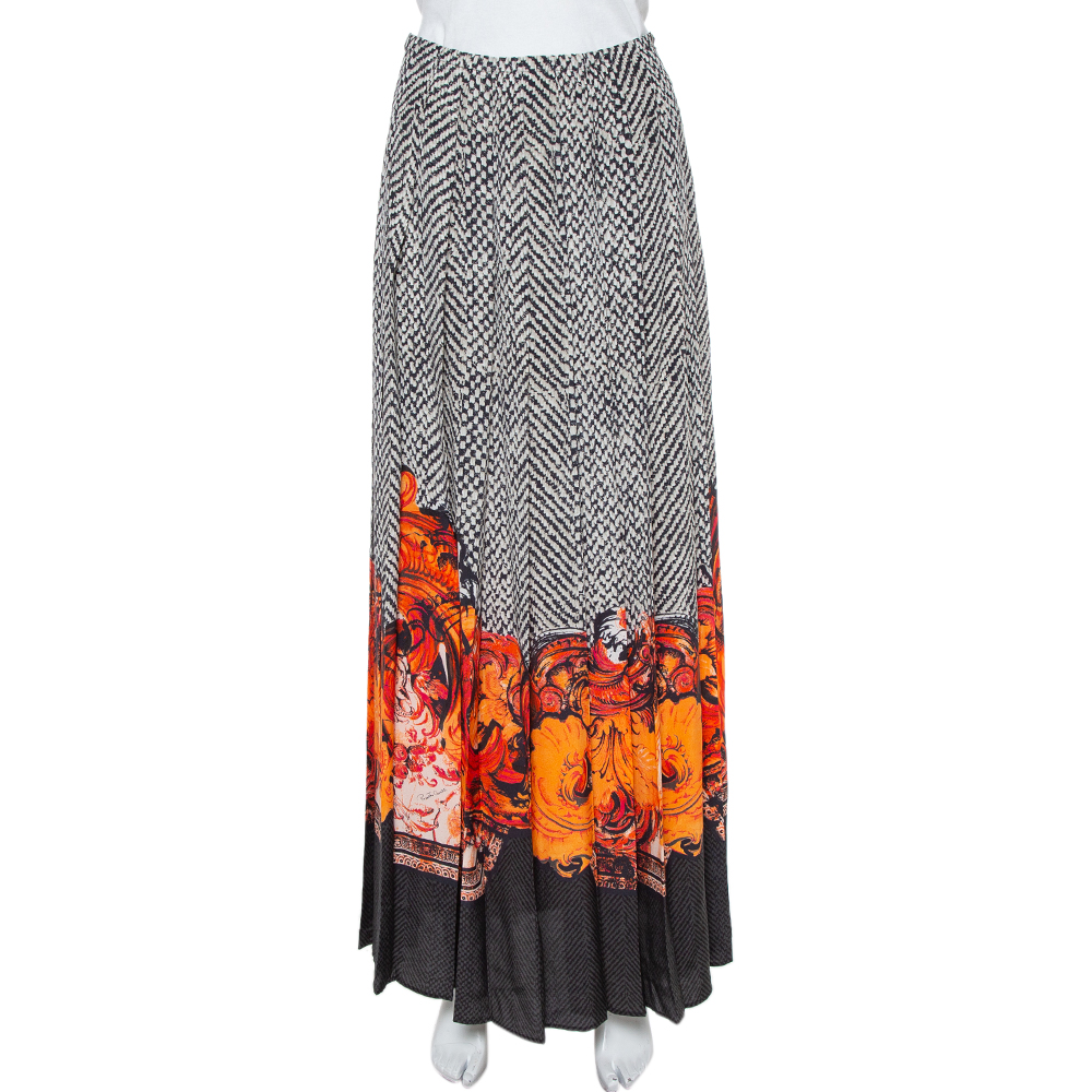 Roberto Cavalli Black & Orange Abstract Printed Silk Pleated Maxi Skirt S