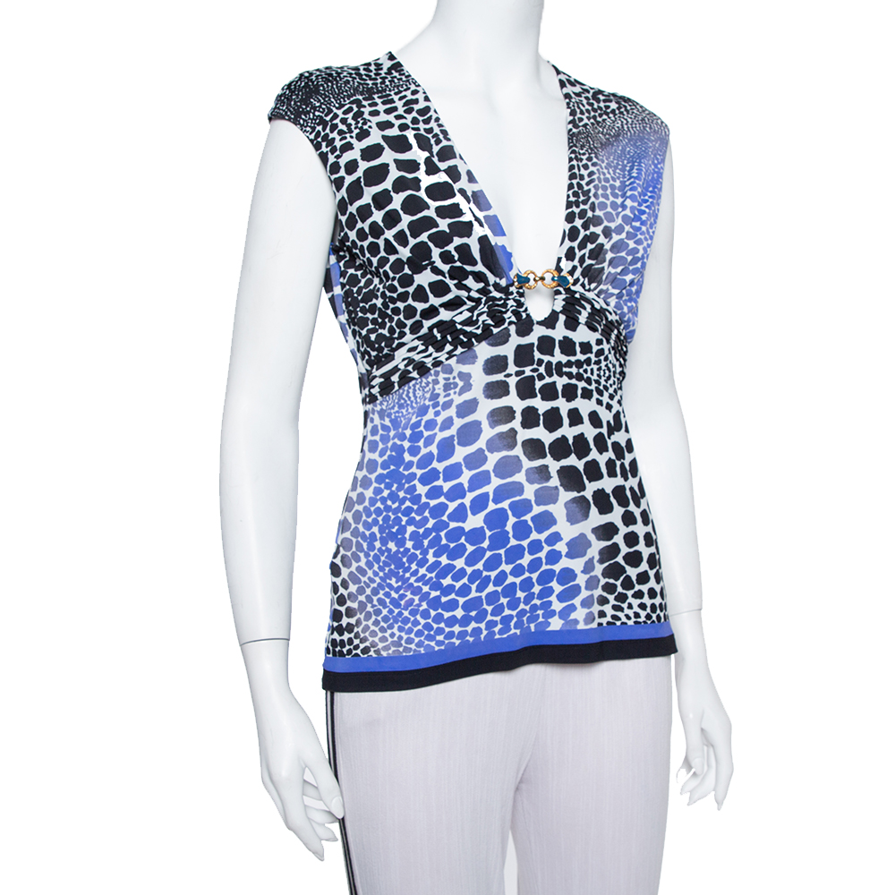 Roberto Cavalli Blue & Black Knit Animal Print Plunge Neck Top M