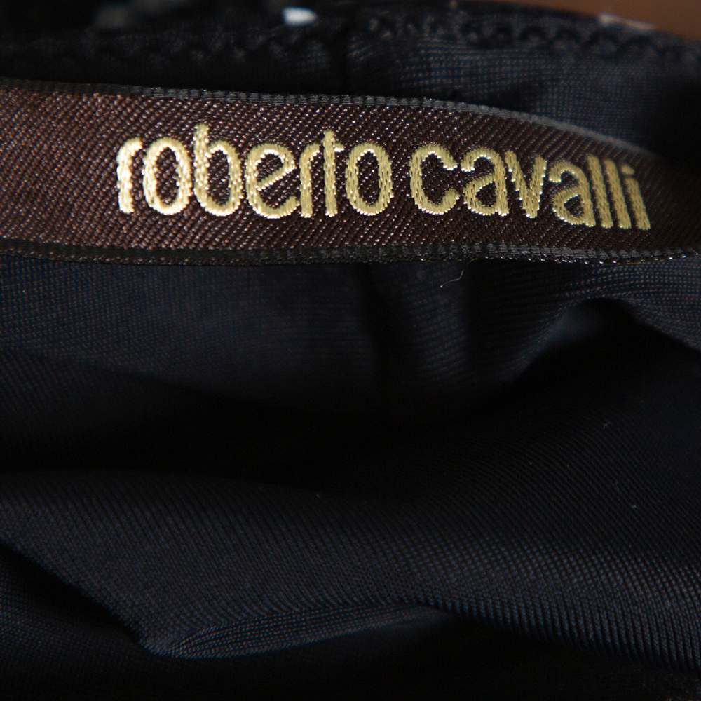 Roberto Cavalli Blue & Black Knit Animal Print Plunge Neck Top M