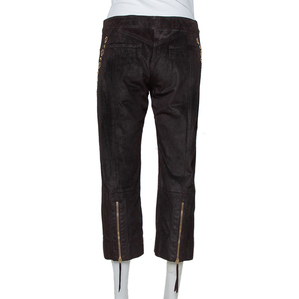 Roberto Cavalli Brown Leather Vintage Cropped Trousers M