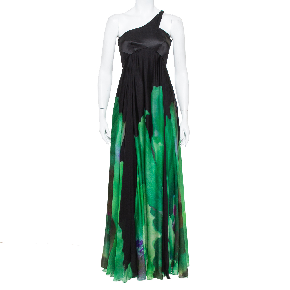 Roberto Cavalli Black and Green Printed Silk One Shoulder Gown S