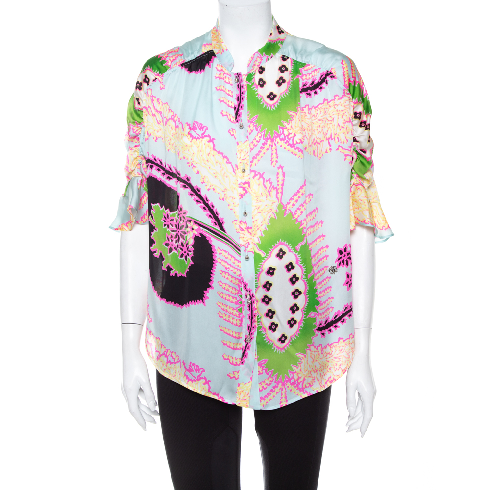 Roberto cavalli multicolor abstract printed silk ruffle sleeve blouse l