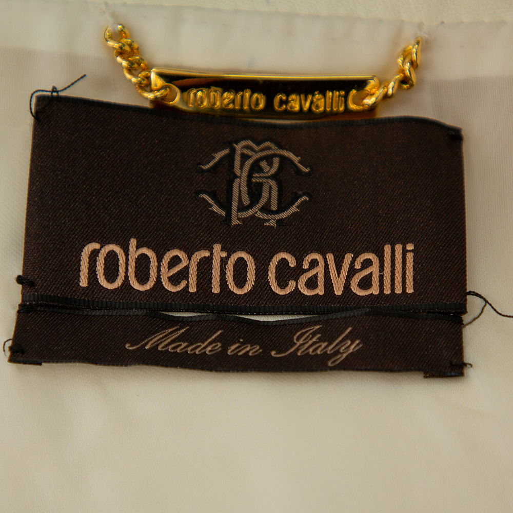 Roberto Cavalli Cream Leather Pleated Detail Zipper Front Jacket S