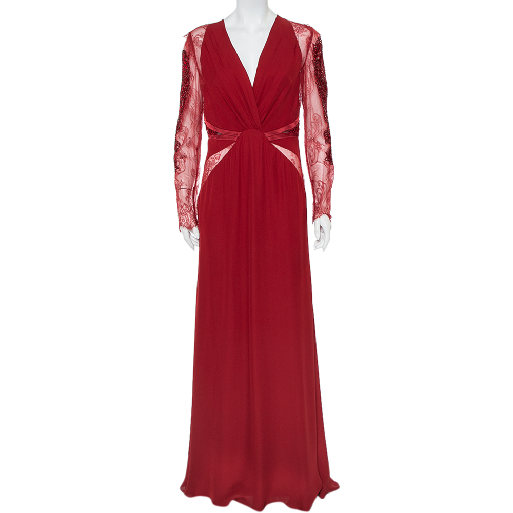 Roberto Cavalli Burgundy Silk Embellished Lace Sleeve Detail Faux Wrap Maxi Dress L