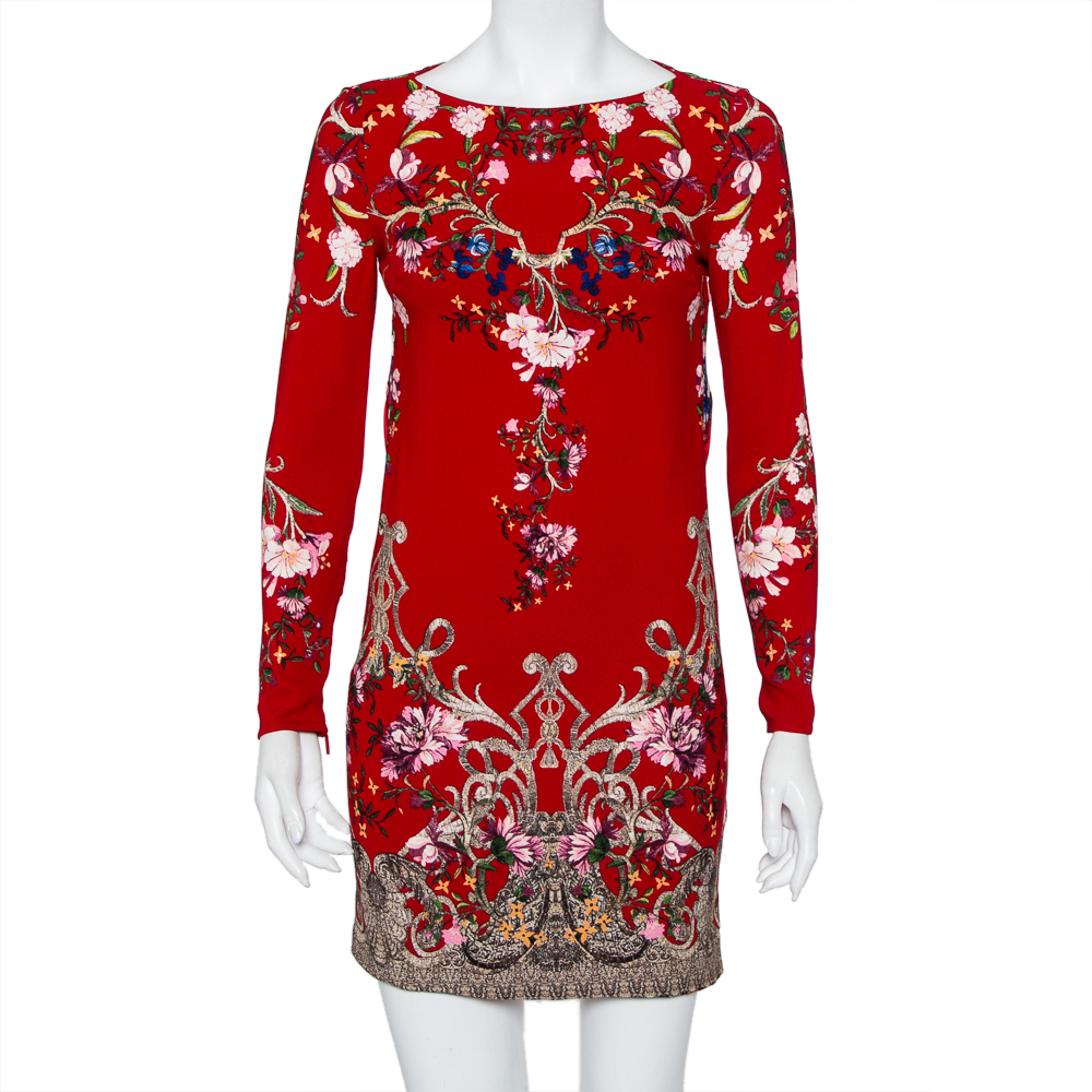 Roberto Cavalli Red Floral Printed Silk Open Back Detail Sheath Dress S