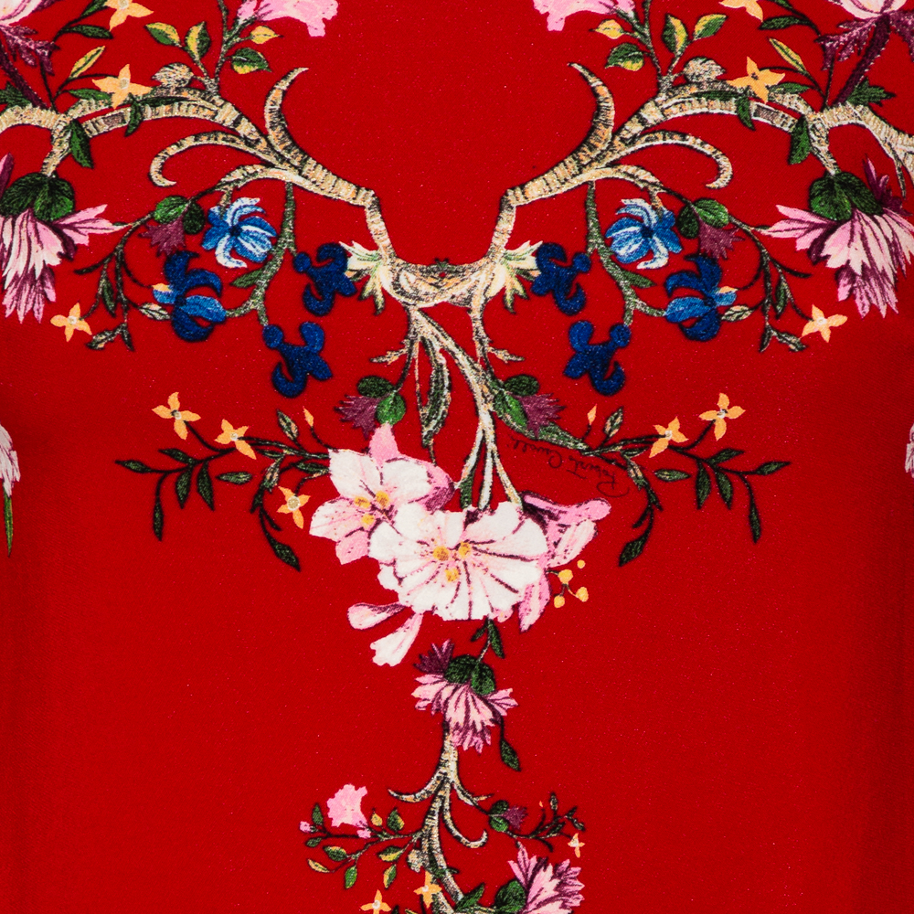Roberto Cavalli Red Floral Printed Silk Open Back Detail Sheath Dress S