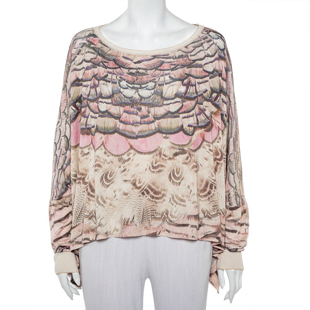 Roberto Cavalli Beige Printed Silk Knit Oversized Sweatshirt M
